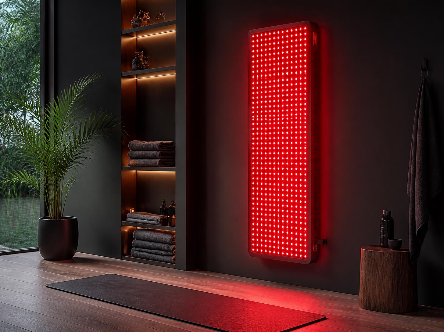 Full-length red light therapy panel in a calm wellness room