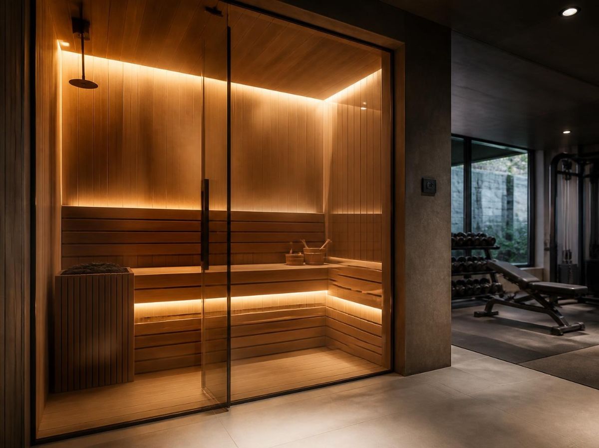 Timber sauna with warm LED lighting and a glass door beside a home gym